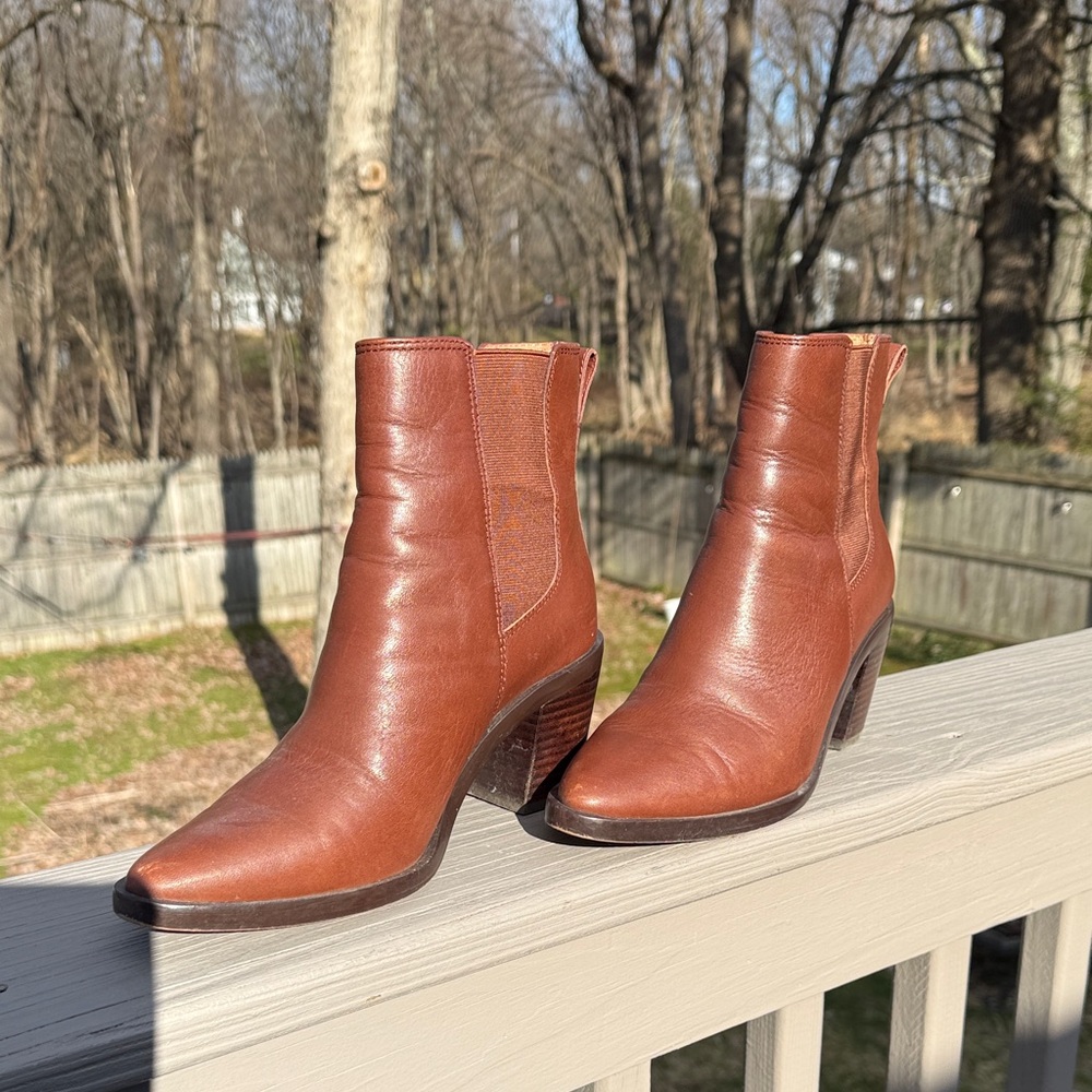 Madewell Cognac Leather Ankle Boots with Stacked Heel